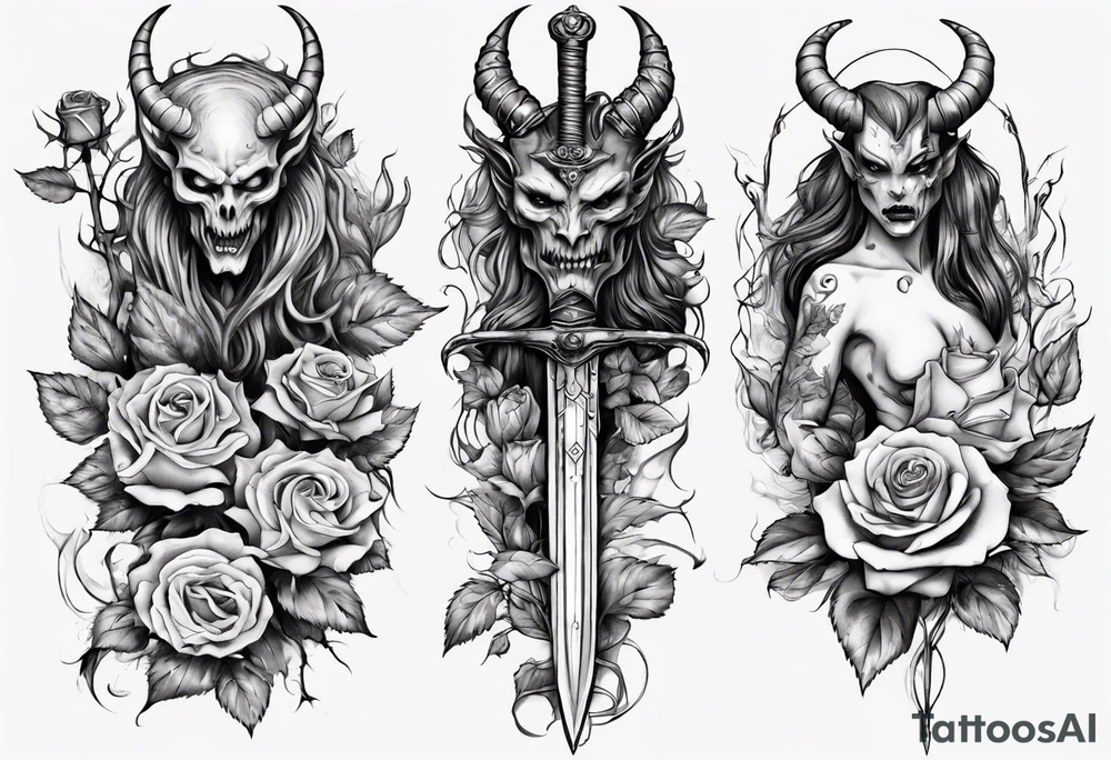 Demon with roses and sword tattoo idea