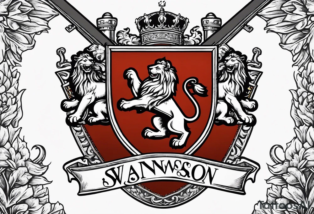 Swanson family coat of arms on a shield being held up by two lions, there are crossed skis behind the shield tattoo idea