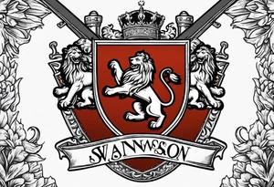 Swanson family coat of arms on a shield being held up by two lions, there are crossed skis behind the shield tattoo idea