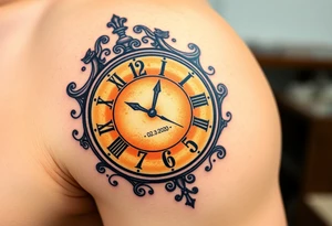 A timeless grandfather clock with delicate engravings, with the birth time and date "02. 03. 2020" glowing in soft golden light, in warm sepia and gold hues tattoo idea