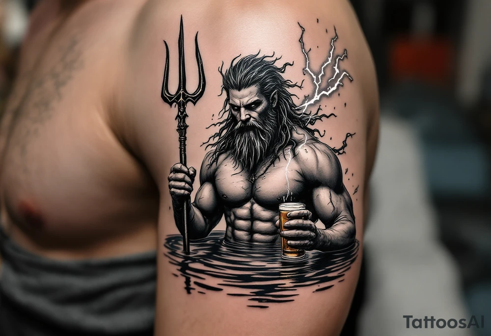 young, fit poseidon in calm water, holding a trident, holding a beer, with lightning tattoo idea