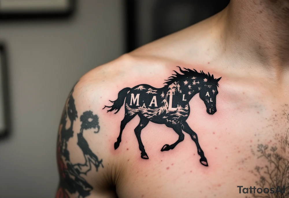horse silhouette 
from the front which gallops from the front, with the 3 small letters discreetly integrated: M, A, L tattoo idea