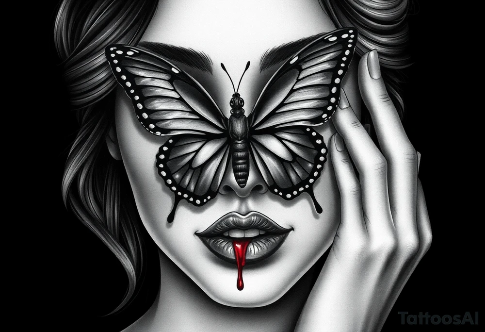 Black and grey realism tattoo design of a beautiful woman's face. And a butterfly landing g on her on the upper bridge of her nose so that the lower wings of the butterfly is covering both her eyes  the butterflys right lower wing is covering her right eye and the lower left of the butterfly wing is covering her left eye  (see no evil), she is bitting on her lip hard to where it is bleeding bright red(speak no evil). Wuth her left hand iver her left ear and her right hard over her right ear ( hear no evil )The style is black and grey realism, hyper-realistic, dark, and evil. Incorporate ninja gear elements and mechanical details (gears) subtly into the background or clothing for a gear ninja evil look. Design for a full forearm sleeve placement tattoo idea