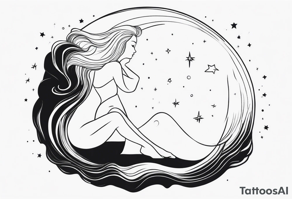 Woman sitting on a moon with opem hair over one shoulder wearing a dress with an open back seen from behind looking up at the stars. As a one line tattoo tattoo idea