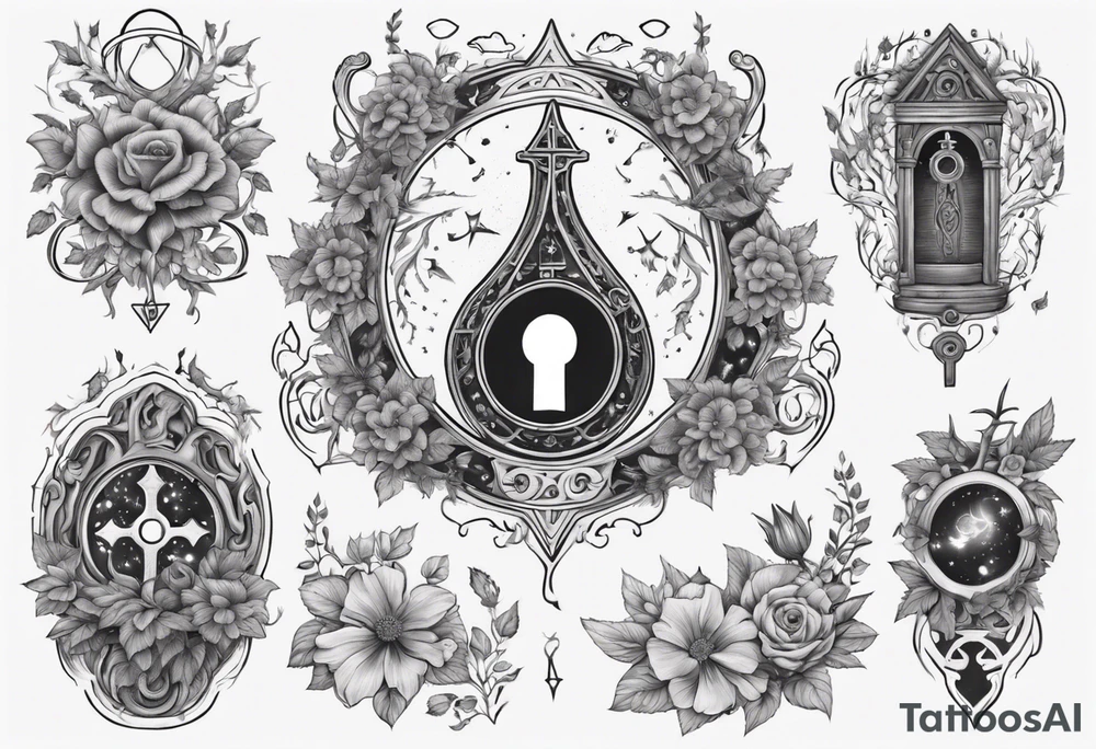 an intricate keyhole surrounded by elements like vines, flowers, and celestial symbols. Inside the keyhole, incorporate personal symbols or imagery that hold significance to the individual. tattoo idea
