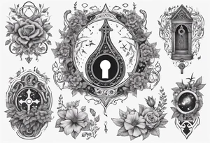 an intricate keyhole surrounded by elements like vines, flowers, and celestial symbols. Inside the keyhole, incorporate personal symbols or imagery that hold significance to the individual. tattoo idea