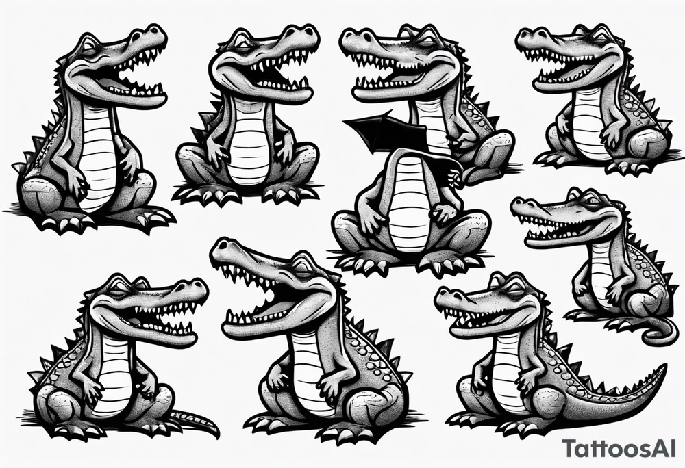 drunk crying cute cartoon crocodile full body tattoo idea