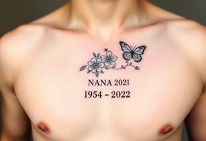 memorial tattoo with flowers and butterflies with the name “NANA” and the date “1954-2022” on the side of the rib cage tattoo idea