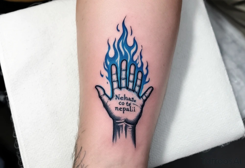 "Nehas, co te nepali." — A hand reaching out to untouched blue flames, surrounded by the quote in sharp charcoal-gray ink. tattoo idea