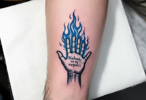 "Nehas, co te nepali." — A hand reaching out to untouched blue flames, surrounded by the quote in sharp charcoal-gray ink. tattoo idea