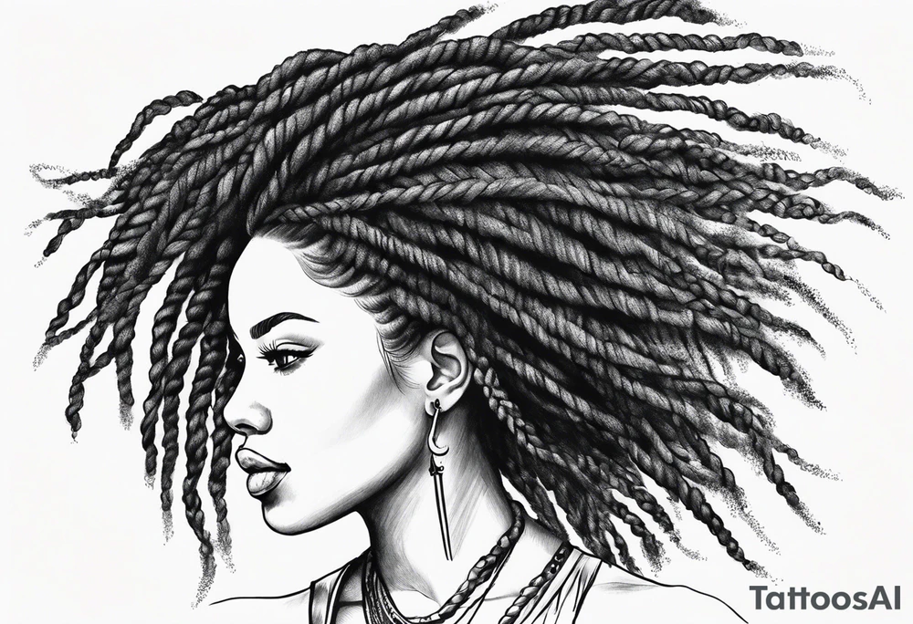Draw a women head with real dread locks flying in the air, all hair should be to see tattoo idea