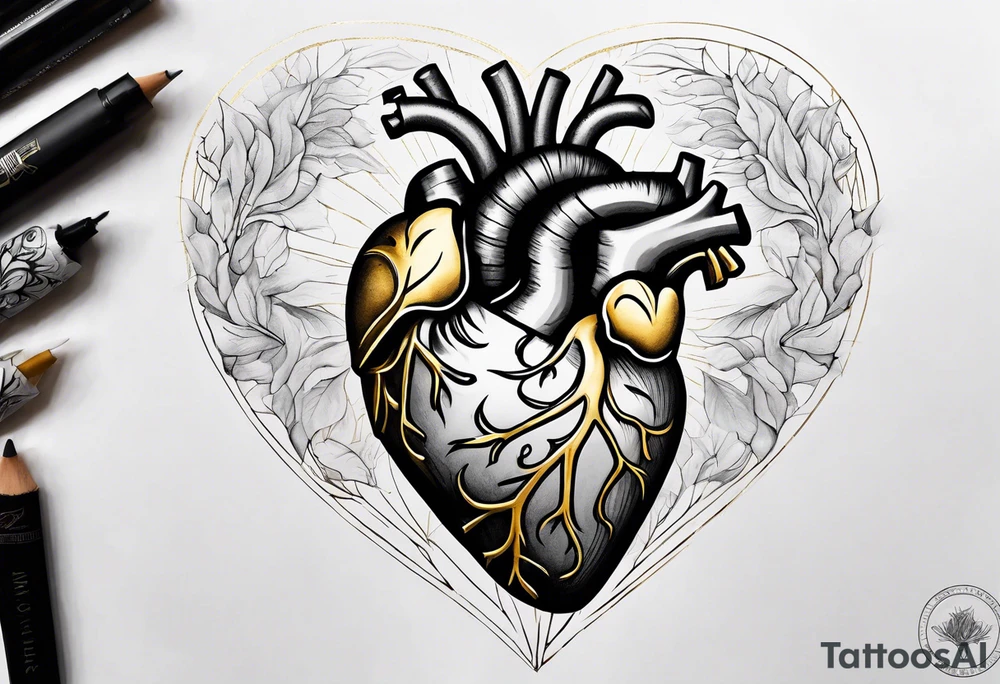 Grey anatomical heart with gold sealed cracks tattoo idea