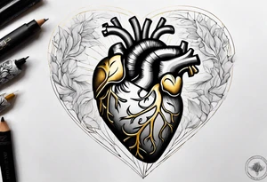 Grey anatomical heart with gold sealed cracks tattoo idea