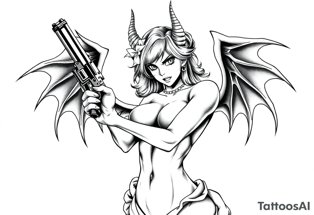 angry succubus holding gun, anime tattoo idea