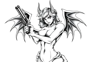 angry succubus holding gun, anime tattoo idea