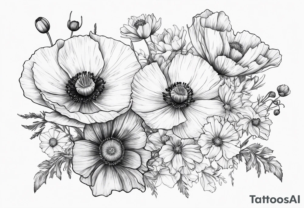 Poppies and cosmos bouquet tattoo idea