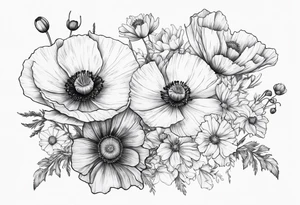 Poppies and cosmos bouquet tattoo idea
