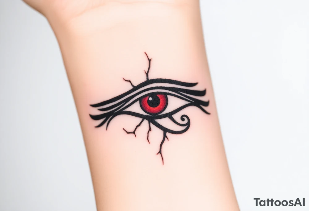 A black and crimson Eye of Horus, with cracks forming around it, symbolizing power emerging from chaos tattoo idea