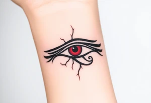 A black and crimson Eye of Horus, with cracks forming around it, symbolizing power emerging from chaos tattoo idea