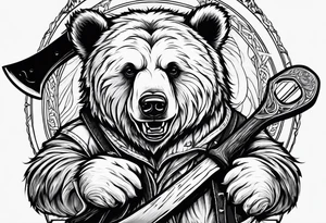Vertically split half teddy bear and half grizzly bear holding a wooden axe tattoo idea