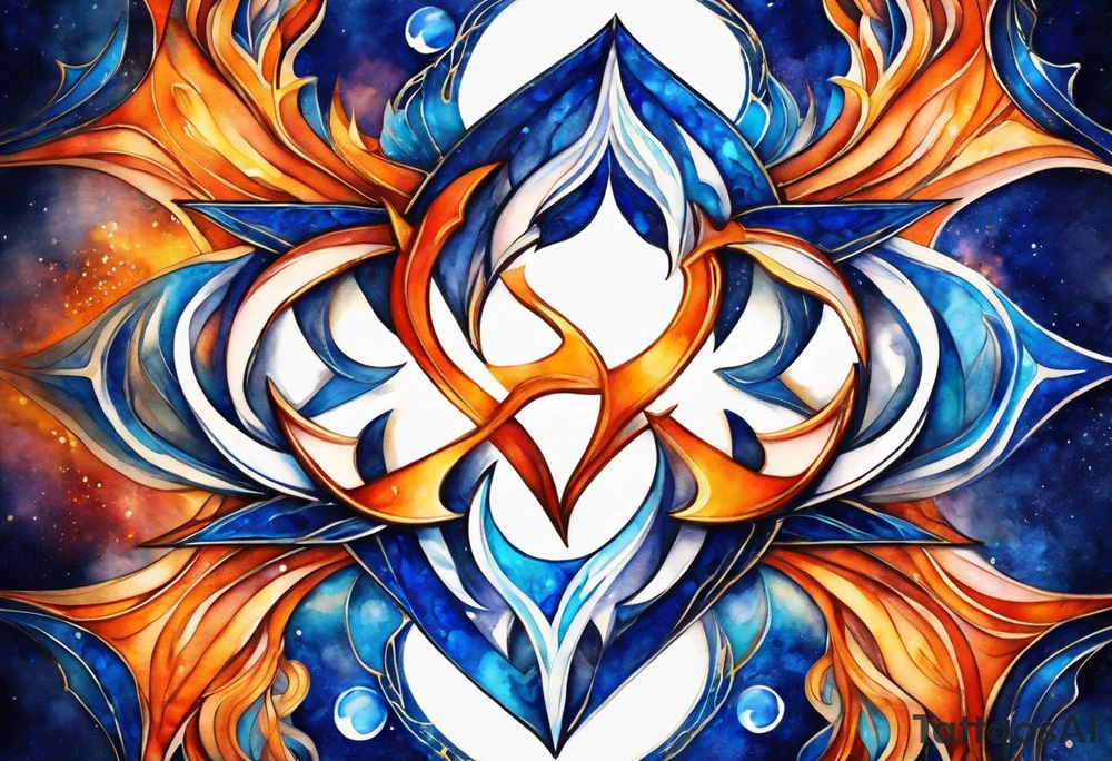 Twin flame symbol with blue and orange fire. Intricate lining and watercolor paint for the fire. Make it a small tattoo. tattoo idea