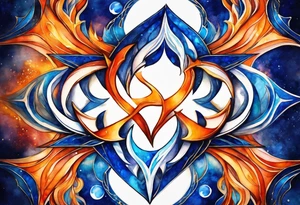 Twin flame symbol with blue and orange fire. Intricate lining and watercolor paint for the fire. Make it a small tattoo. tattoo idea