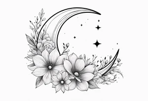 Crescent moon with a heart inside, shrouded by beautiful flowers with wisps of mist - hand tattoo tattoo idea