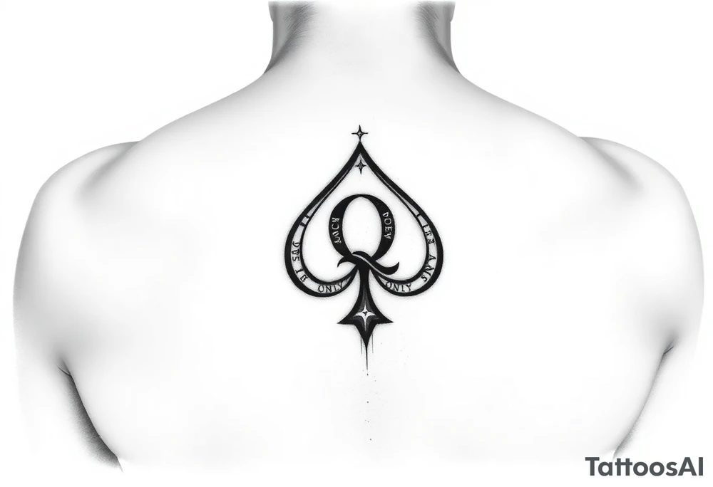 A spade womb tattoo with a Q in the center, with three points around the outside. The first reading, "BLACK". The second reading, "SEED". The third reading, "ONLY". tattoo idea