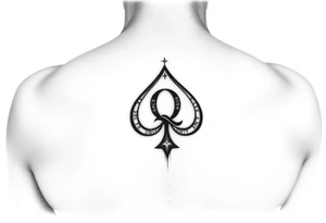 A spade womb tattoo with a Q in the center, with three points around the outside. The first reading, "BLACK". The second reading, "SEED". The third reading, "ONLY". tattoo idea