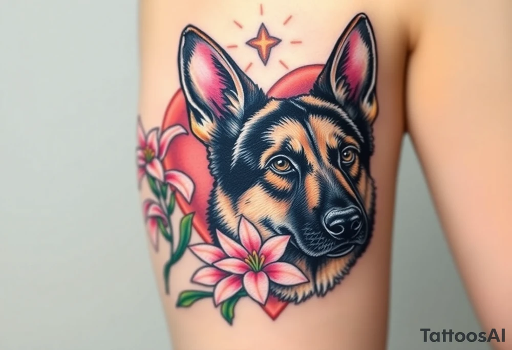 realistic german shepherd with alert ears looking protective with pink lilies in front of a sacred heart tattoo idea