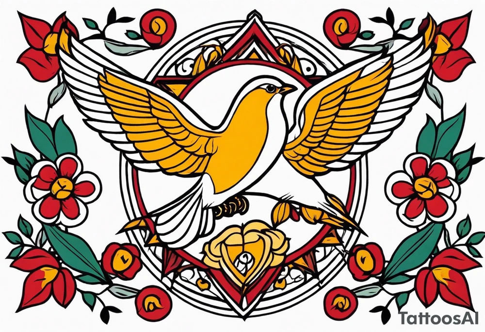 holy spirit

old school vintage simple traditional design with vintage flowers surrounding
bold color simple tattoo idea