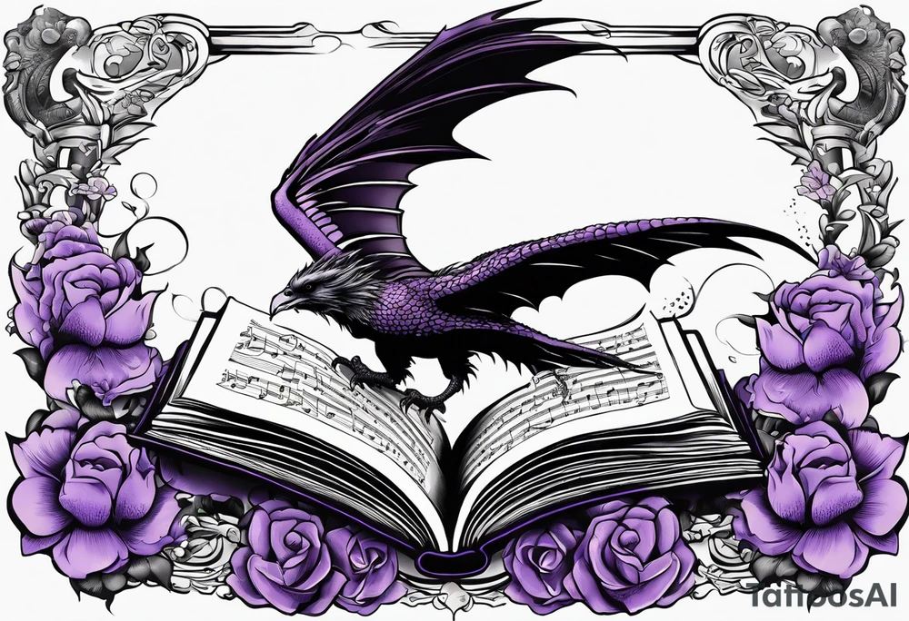 an open book with a small dragon flying over a perched raven, a pawn piece to the right, a single music note and a lavender flower under the book tattoo idea