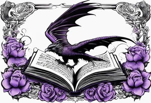 an open book with a small dragon flying over a perched raven, a pawn piece to the right, a single music note and a lavender flower under the book tattoo idea