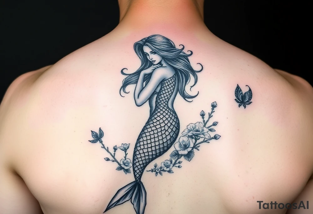 ethereal mermaid with flowing hair among coral and sea flowers tattoo idea