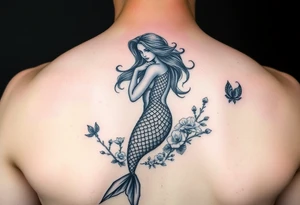 ethereal mermaid with flowing hair among coral and sea flowers tattoo idea