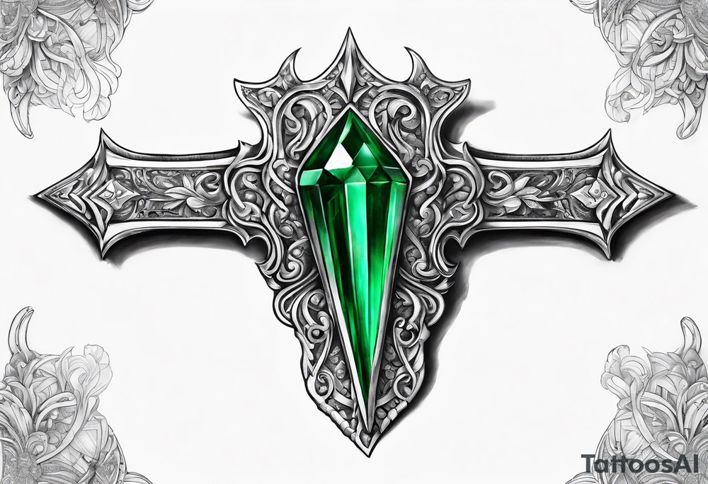 An athame dagger with the hilt turned upward and emerald gemstones on the hilt tattoo idea