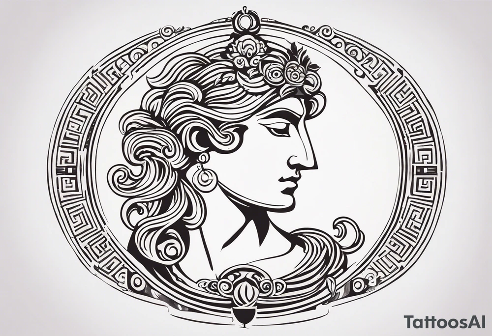 "Craft a minimalist tattoo design in the style of ancient Greek art, featuring Dionysus with his affection for theater. Depict Dionysus in a simplified yet elegant form, reminiscent of classical Greek sculpture, holding a theatrical mask and a goblet of wine. Surround him with subtle geometric patterns or motifs inspired by ancient Greek pottery, such as meanders or key patterns. Ensure the design maintains a minimalist aesthetic while incorporating elements that evoke the sophistication and timelessness of Greek art, capturing Dionysus's connection to both wine and theater in a visually striking manner." tattoo idea