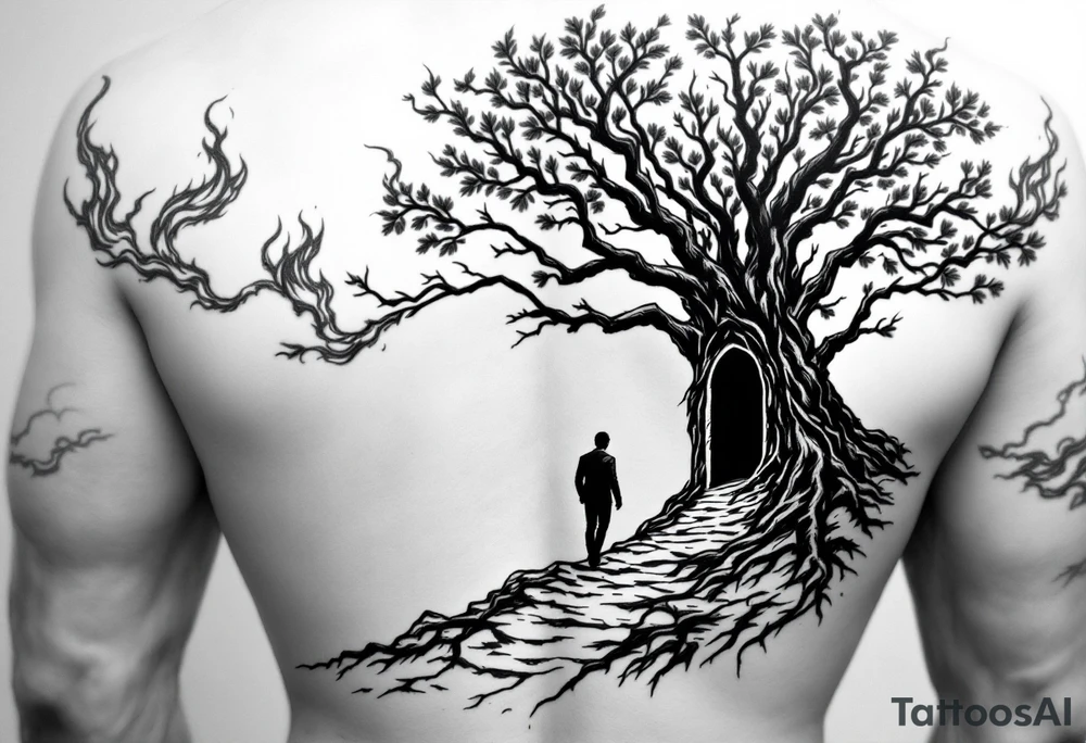 Back tattoo of a big tree with a door and a man walking through the door. On the left draw some fire clouds connecting to the tree, make it a lot tattoo idea