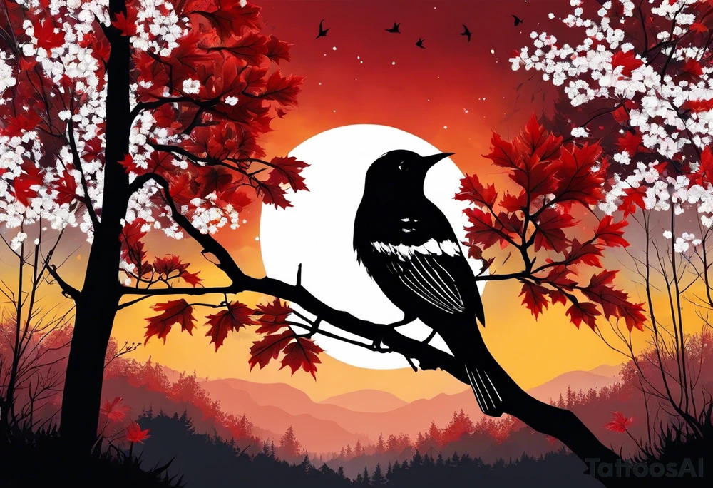 trash polka style. Arm tattoo. Long tattoo. Full sleeve. Shoulder. A single large maple tree with red autumn leaves that branches upwards from wrist to shoulder. White-throated dipper bird on the trees branches. Calluna flowers at the base of the trees stem. Tree stem has dark colors. Red/yellow sunset behind the trees stem. Leaves falling. tattoo idea