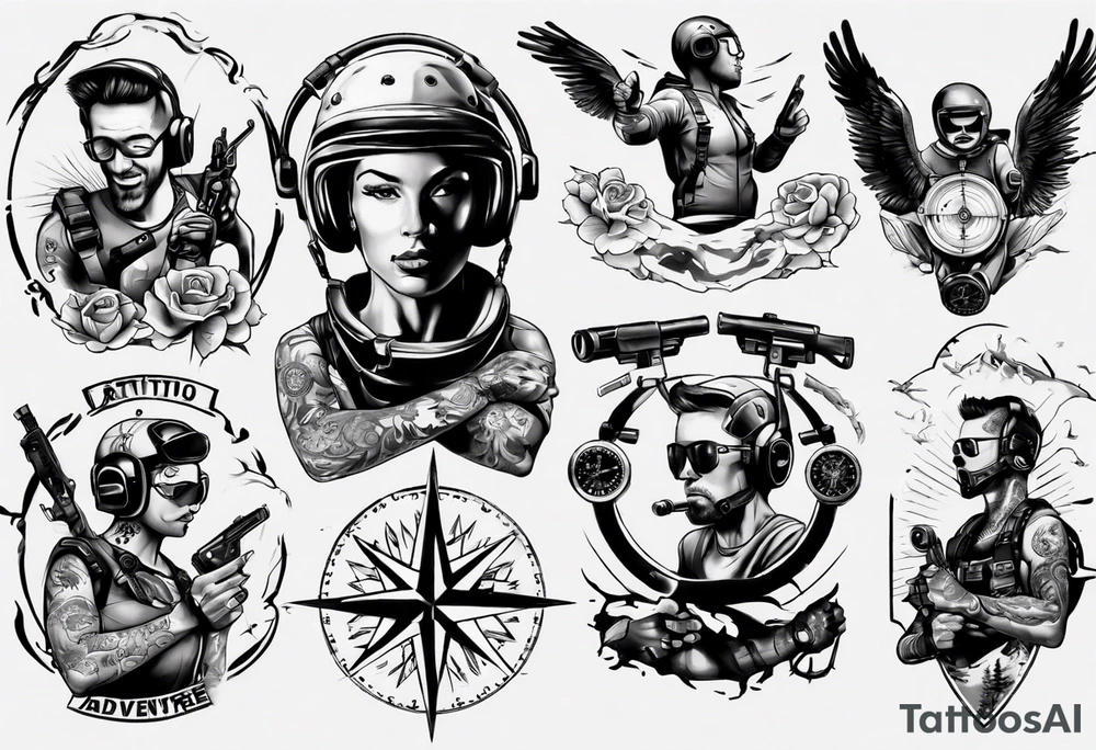 skydiving, shooting guns, compass, adventure tattoo idea