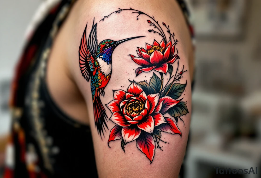 hummingbird and lotus flower, egyptian theme. Red and black only tattoo idea