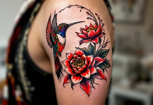 hummingbird and lotus flower, egyptian theme. Red and black only tattoo idea