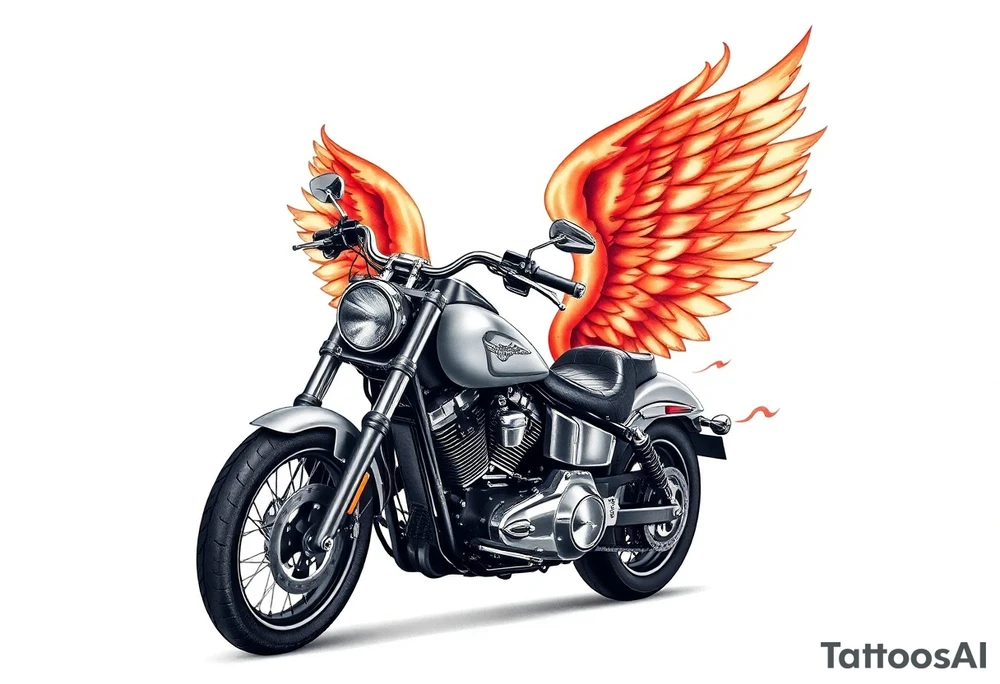 Harley grey motorcycle driving away, flames, angel wings tattoo idea