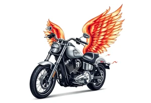 Harley grey motorcycle driving away, flames, angel wings tattoo idea