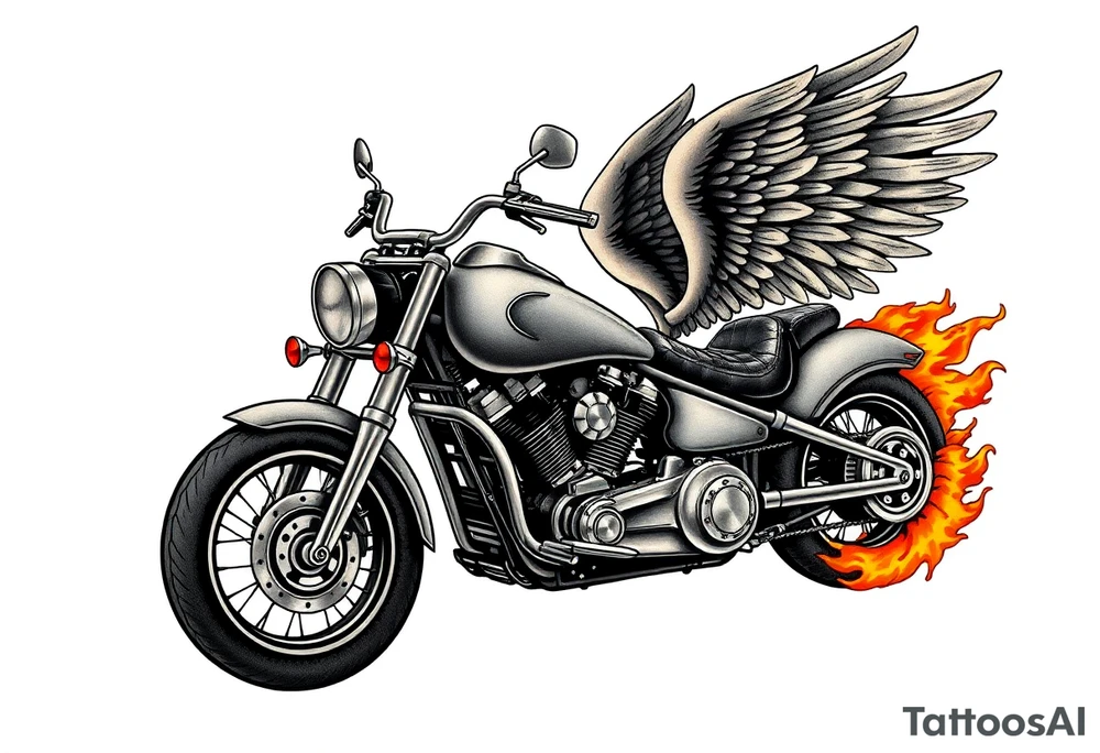 Low rider grey motorcycle, big muffler pipes with flames, angel wings, driving away, no person tattoo idea