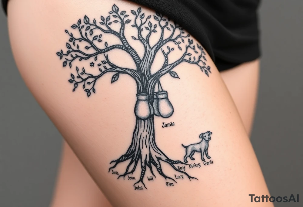 Hippy beech tree full of life. 
Jamie, Derek, Iris, John, bill, Winnie names in the roots, Mavis, Garhi, Mickey, Pam, Lucy, in the branches at the top. Names can be in Hebrew. 
Three dogs a Rhodesian Ridgeback, King Charles cavalier and chihuahua. 
Prett, feminine ornate. Boxing gloves hanging from tree tattoo idea