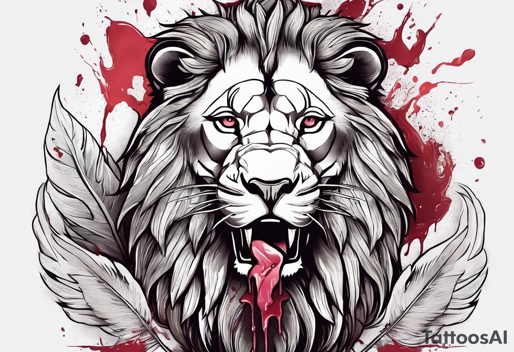 powerful majestic lion, eating a flamingo with feathers and blood and guts tattoo idea