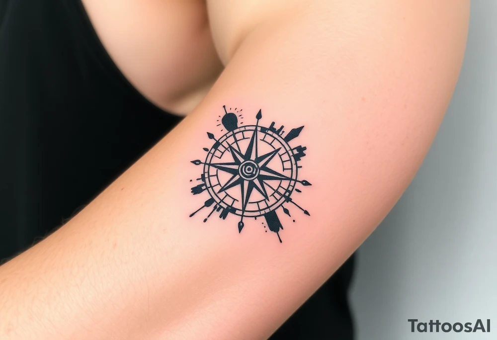 Compass tattoo in trash polka style with elements of blackwork, abstraction, geometry and sketch hatching, asymmetrical, torn, rough, with splashes and roughness, chaotic, raw and rough. tattoo idea