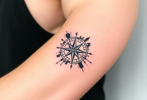 Compass tattoo in trash polka style with elements of blackwork, abstraction, geometry and sketch hatching, asymmetrical, torn, rough, with splashes and roughness, chaotic, raw and rough. tattoo idea