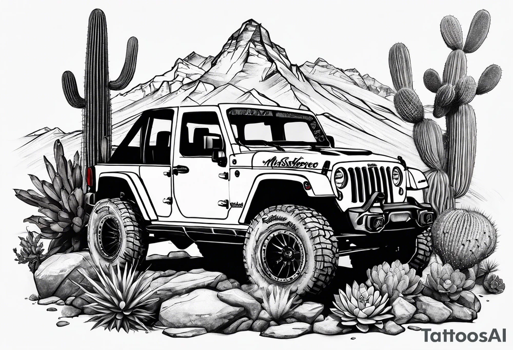A dessert mountain with a jeep gladiator donkey cactus tattoo idea